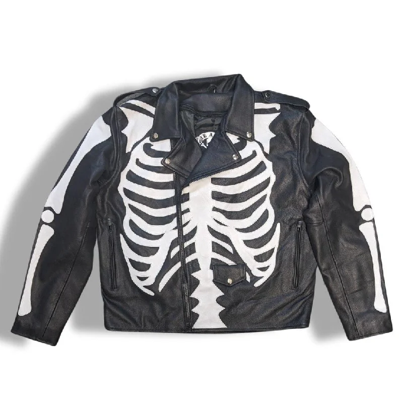 stylish fleece-lined coat for women -Skeleton Bones White on Black Classic Style Leather Jacket