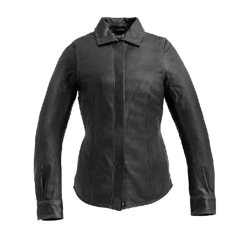 women's round neck short sleeve shirt -Leela Women's Motorcycle Leather Shirt - Limited Edition