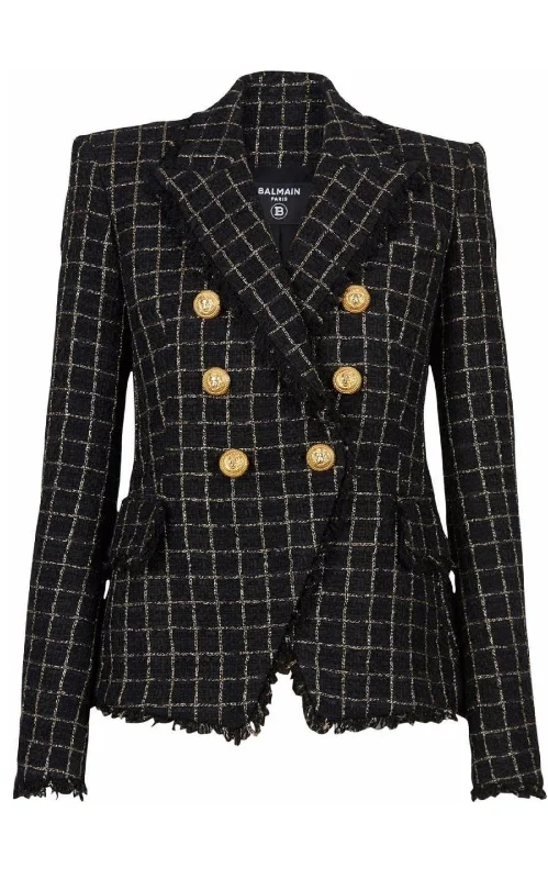 women's lightweight jacket -Double-breasted Checked Tweed Jacket