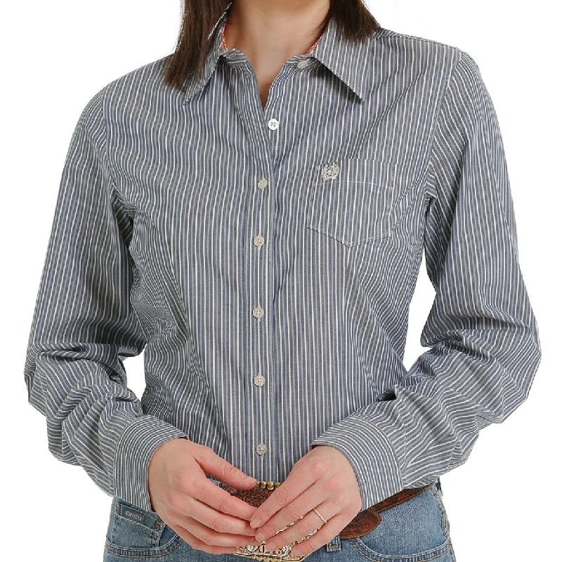 ladies' chiffon short sleeve blouse -Cinch Women's L/S Light Blue Stripe Button Down Western Shirt