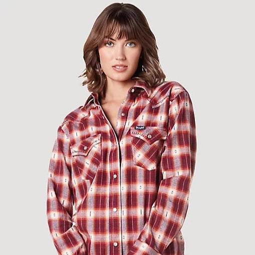 lightweight cap sleeve short sleeve tee -Wrangler Women's Modern Boyfriend Fit Button Down Plaid Shirt in Red