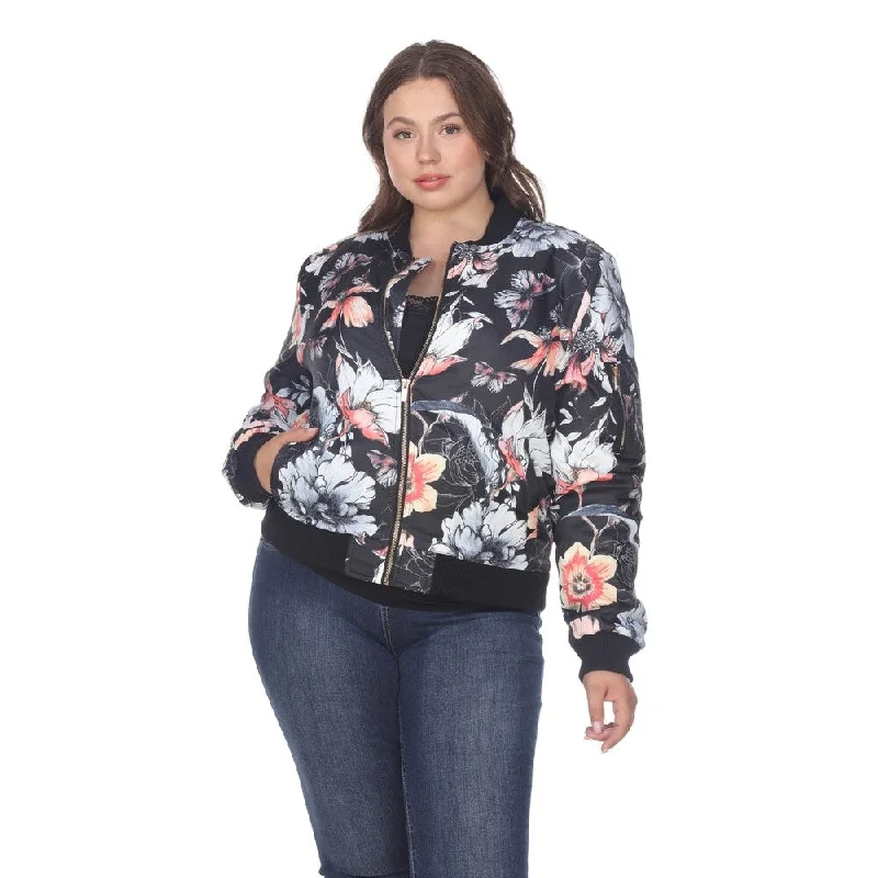 women's casual denim jacket -White Mark Women's Plus Size Floral Bomber Jacket