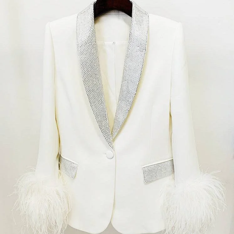 women's cropped bomber jacket -Sara long sleeve feather blazer with diamond collar