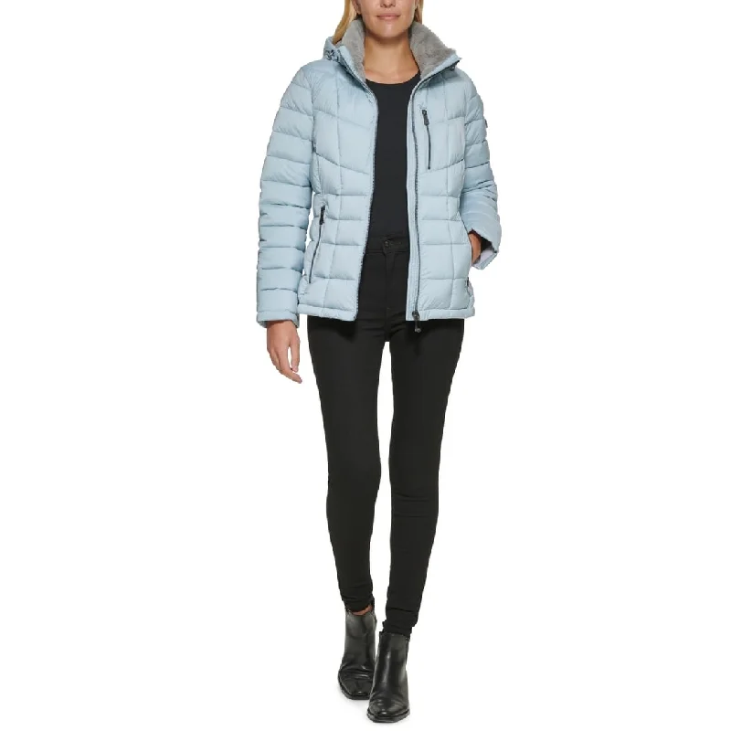 ladies' fleece zip-up jacket -Calvin Klein Women's Faux Fur Trim Hooded Puffer Coat Blue Size Medium