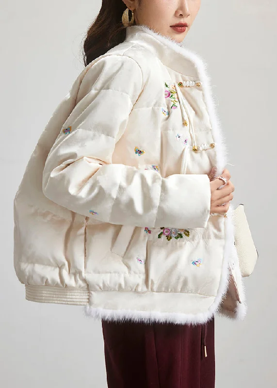 ladies' lightweight anorak coat -Chinese Style Beige Embroideried Button Duck Down Parka Long Sleeve