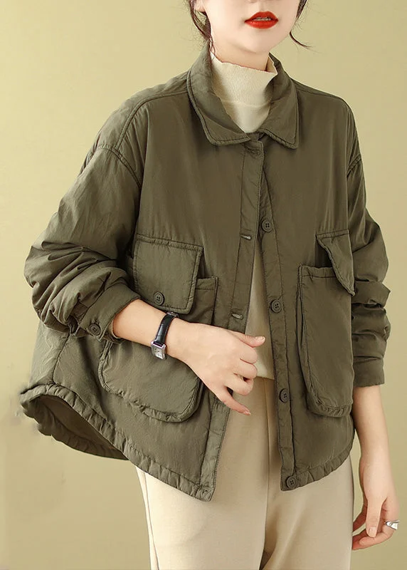 chic oversized blazer for women -Plus Size Army Green Peter Pan Collar Pockets Fine Cotton Filled Jacket Winter