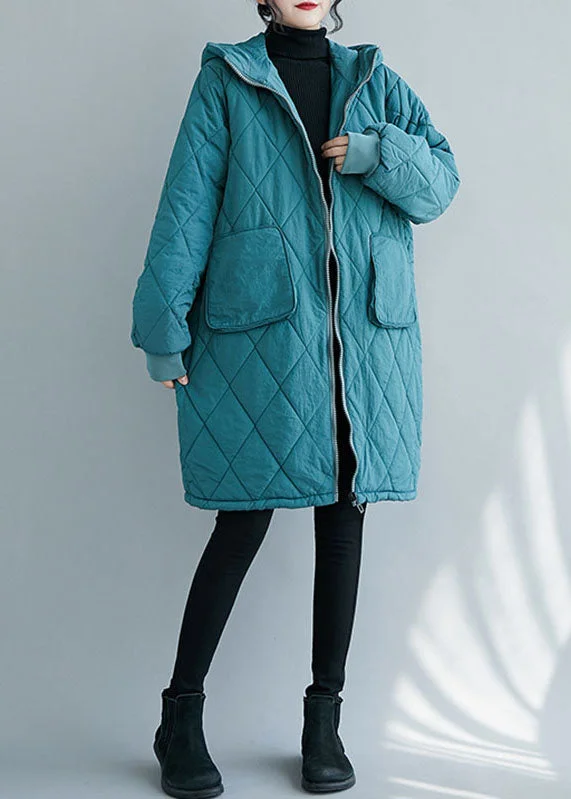 ladies' soft knit cardigan coat -Blue Zippered Pockets Thick Hooded Parka Winter