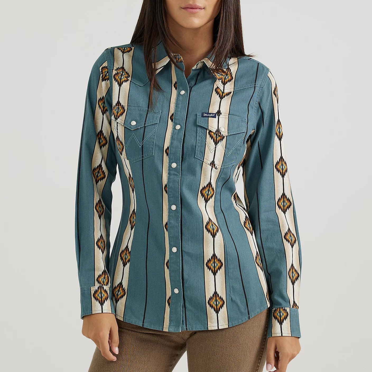 women's elegant short sleeve tunic -Wrangler Retro Women's L/S Checotah Classic Western Snap Shirt in Teal