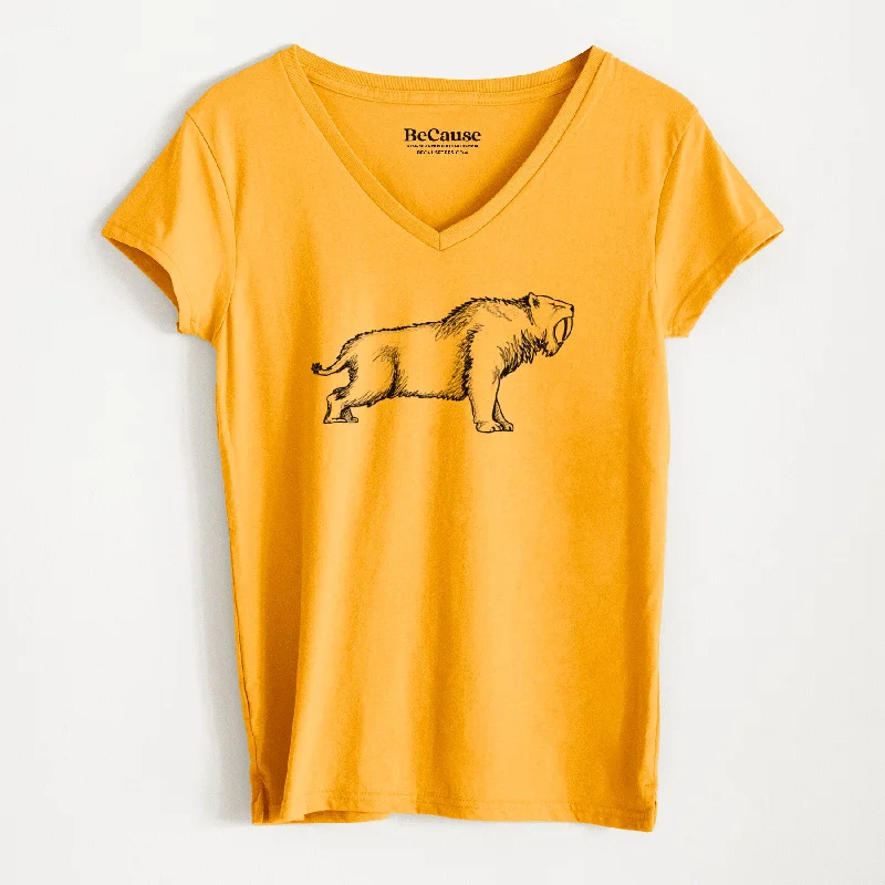 women's breathable mesh short sleeve top -Saber-toothed Tiger - Smilodon - Women's 100% Recycled V-neck