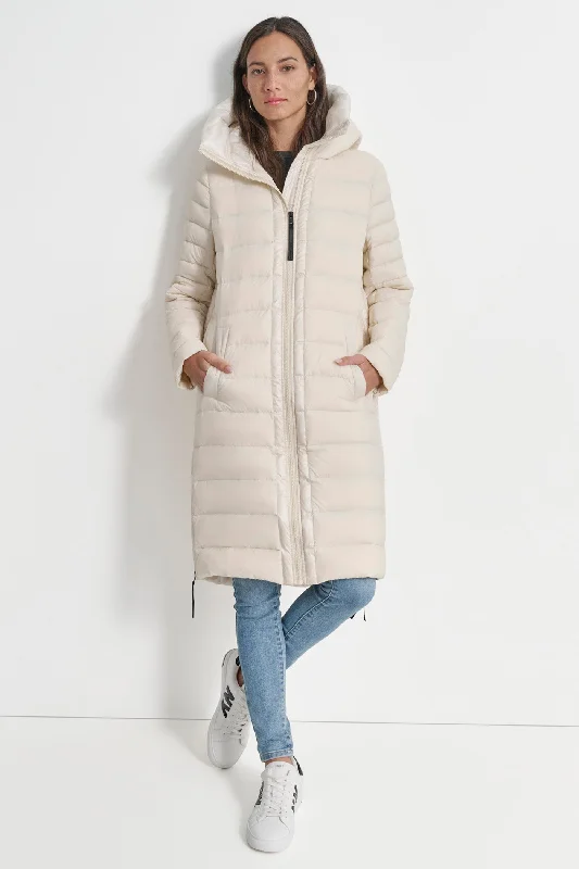 elegant long coat for women -DOWN FILL HOODED ZIP FRONT QUILTED PUFFER