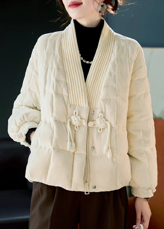 versatile casual coat for women -Elegant White V Neck Chinese Button Duck Down Puffers Jackets Winter