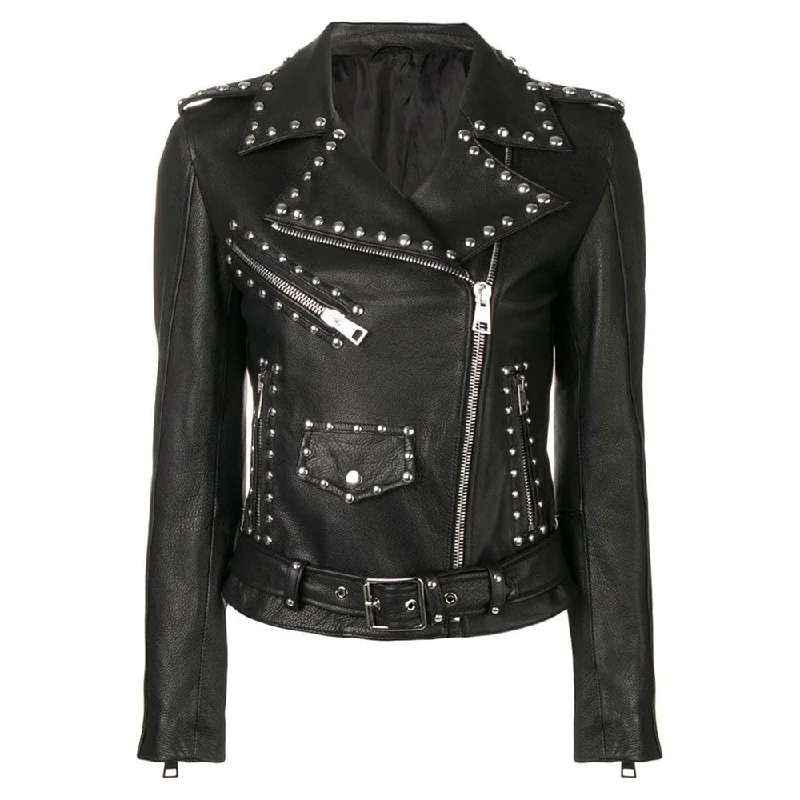 warm shearling coat for women -Silver Studded Punk Leather Jacket