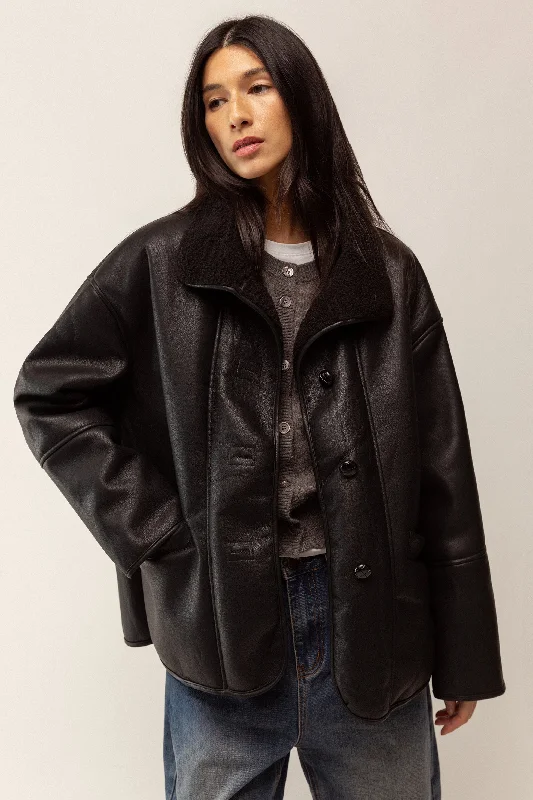 women's mid-length wool coat -OVERSIZED VEGAN SUEDE SHERPA JACKET