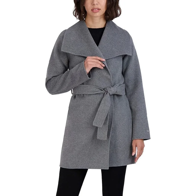 women's relaxed fit blazer -Tahari Women Ella Ash Gray Tie Belted Wool Wrap Coat Jacket