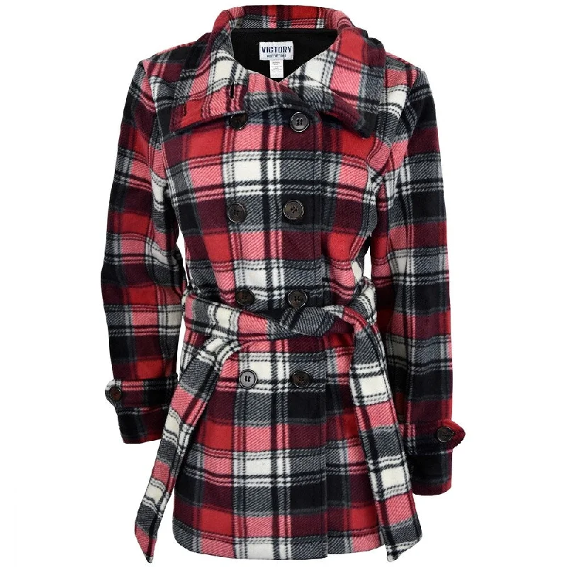 long elegant trench coat for women -Victory Outfitters Women's Plaid Belted Microfleece Pea Coat