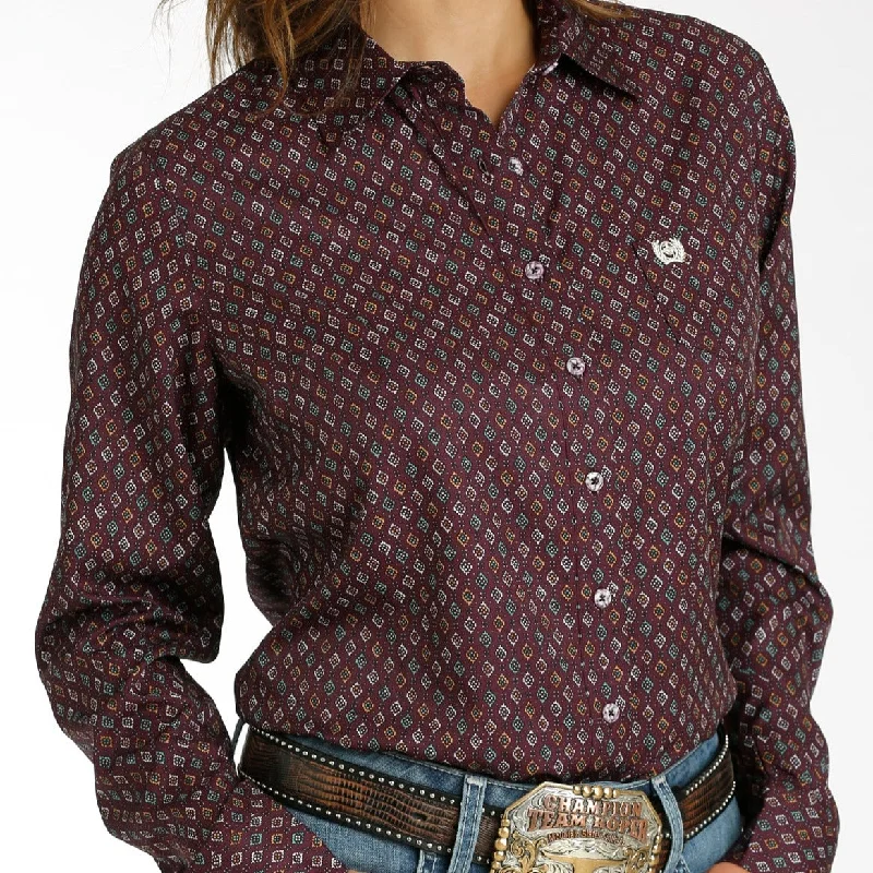 women's ruched short sleeve tee -Cinch Women's L/S Purple Geometric Diamond ArenaFlex Western Button Down Shirt