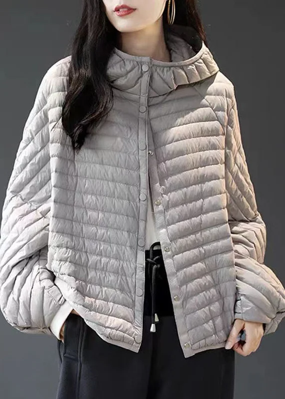 urban style cropped puffer jacket -Plus Size Grey Striped Button Fine Cotton Filled Parka Winter