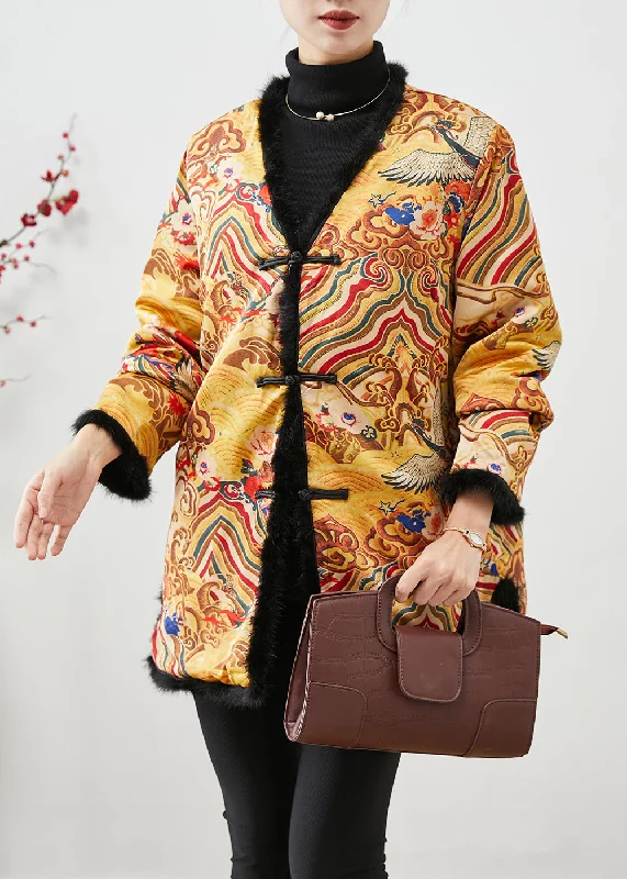 urban streetwear jacket for women -Chinese Style Yellow Print Patchwork Mink Hair Fine Cotton Filled Coats Winter