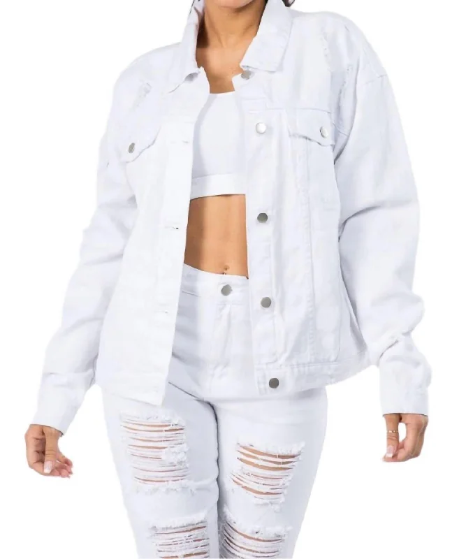 women's faux fur coat -Graphic Distressed Denim Jacket In White