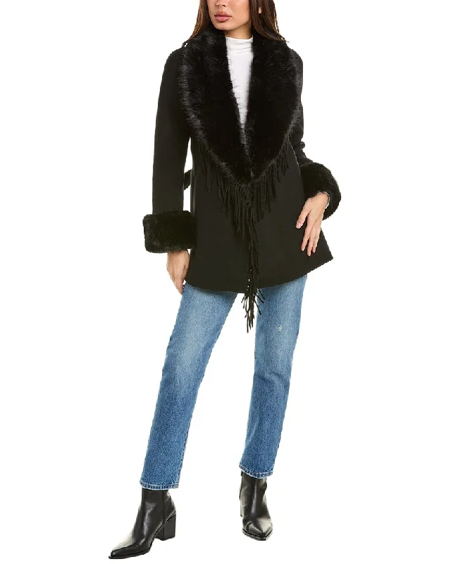 stylish fleece-lined coat for women -Stella + Lorenzo Fringe Wool-Blend Coat