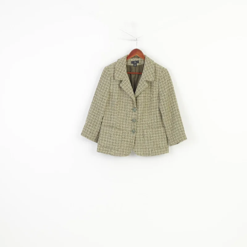 ladies' designer overcoat -H&M Women 42 L Blazer Green Checkered  Single Breasted Pockets 7/8 Sleeve Bottoms Vintage Jacket