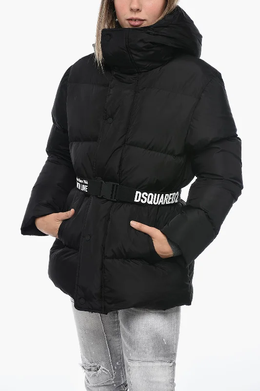 women's varsity bomber jacket -Dsquared2 Turtleneck Down Jacket with Logoed Belt