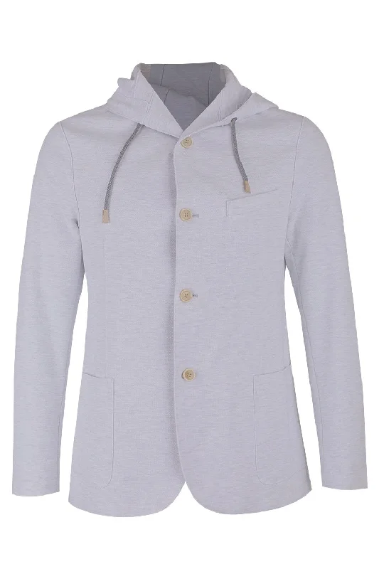 casual linen jacket for women -Hooded Buttoned Jacket - Grey