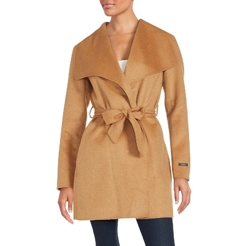 ladies' soft knit cardigan coat -Tahari Women's Camel Double Face Wool Belted Wrap Coat Outerwear