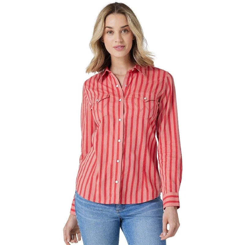 ladies' loose fit short sleeve top -Wrangler Retro Women's Bold Stripe Western Snap Shirt