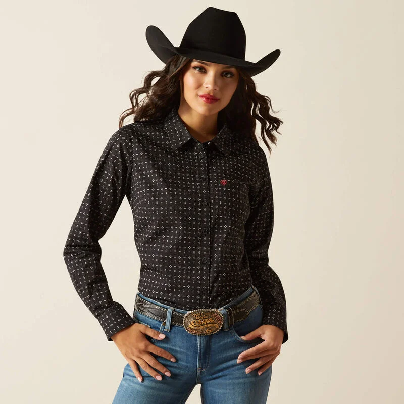 women's business casual short sleeve blouse -Ariat Women's Kirby Stretch L/S Western Button Down Shirt in Black Gia Geo (Available in Plus Sizes)