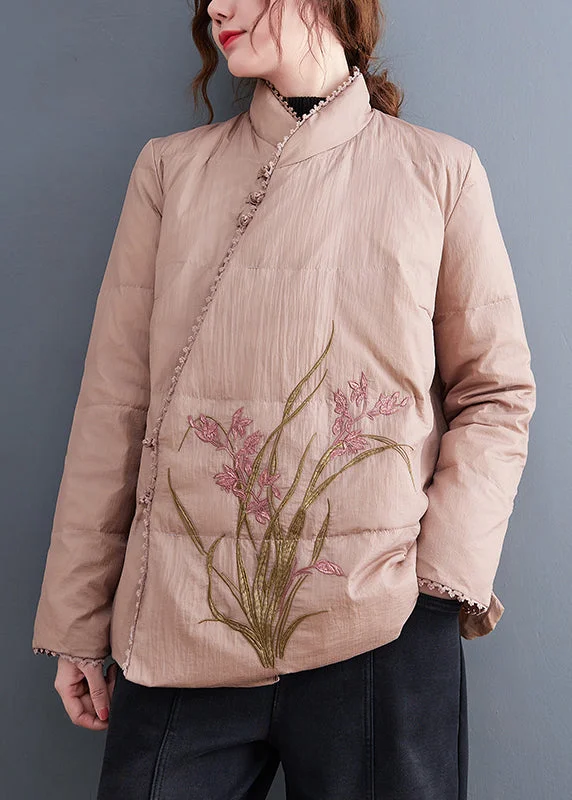 warm shearling coat for women -Vintage Pink Stand Collar Embroideried Fine Cotton Filled Jackets Winter