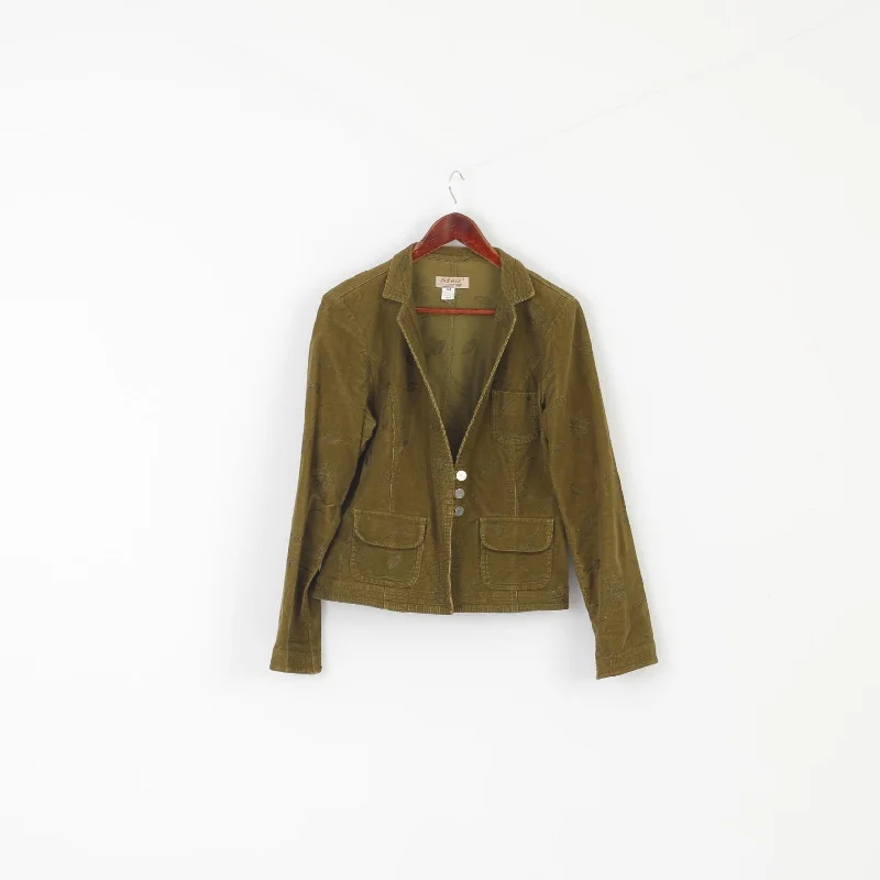 ladies' designer overcoat -Mes Design Women 44 L Blazer Green Cotton Corduroy Emroidered Vintage Jacket