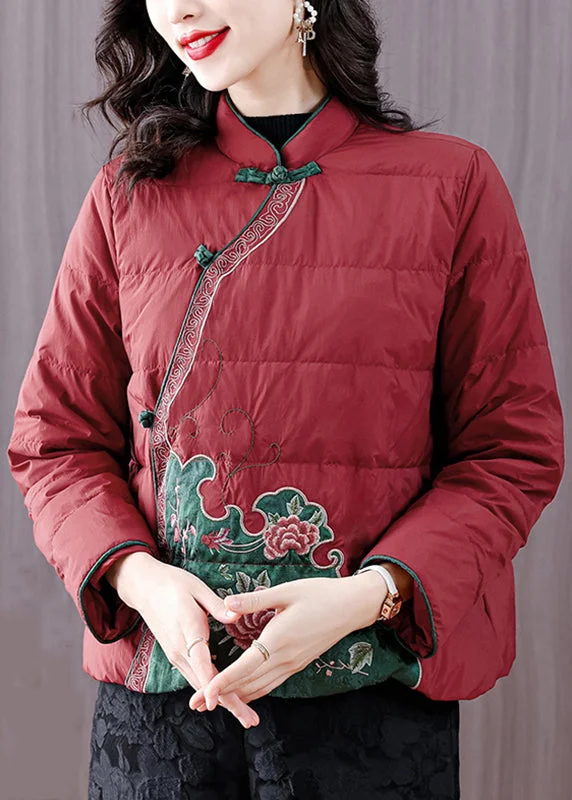 urban style cropped puffer jacket -Chinese Style Red Stand Collar Embroideried Fine Cotton Filled Jackets Winter