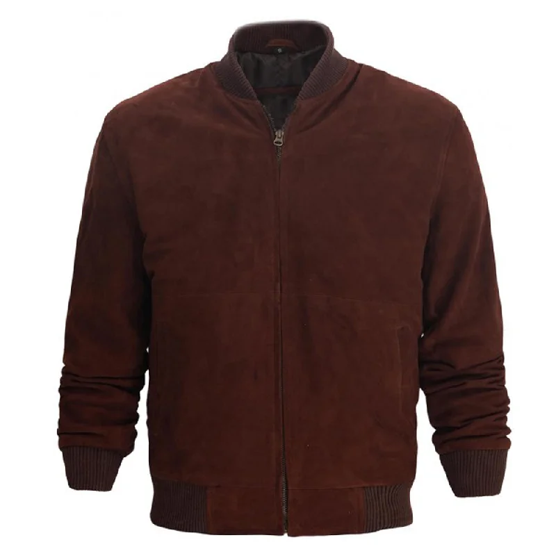 cozy teddy coat for ladies -Men Dark Burgundy Suede Leather Bomber Jacket