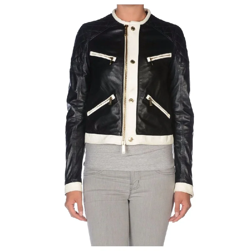 warm padded coat for women -White Zipper Biker Leather Jacket