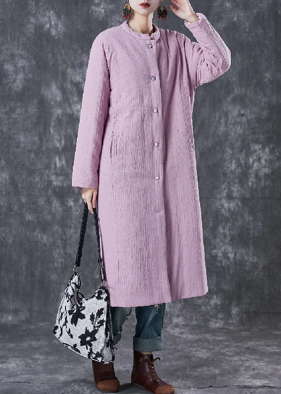 long elegant trench coat for women -Elegant Purple Pockets Thick Fine Cotton Filled Long Coats Winter