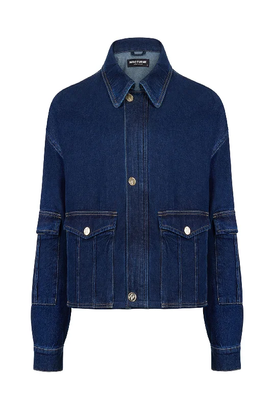 women's mid-length wool coat -Multi Pocket Denim Jacket