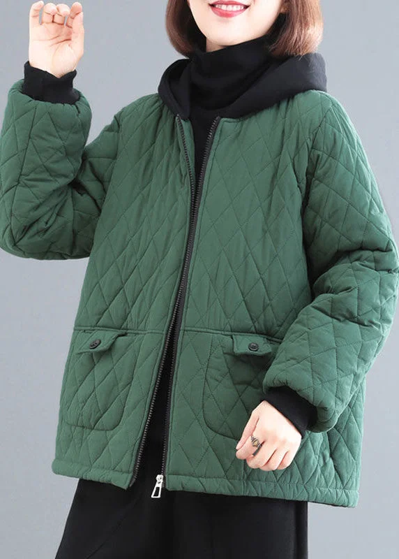 luxury designer winter coat for women -Blackish Green Patchwork Fine Cotton Filled Parka Hooded Pockets Winter