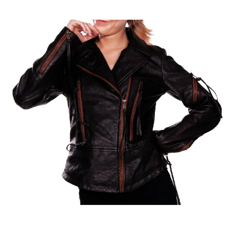 chic oversized blazer for women -Women Vintage Stripe Leather Motorcycle Jacket