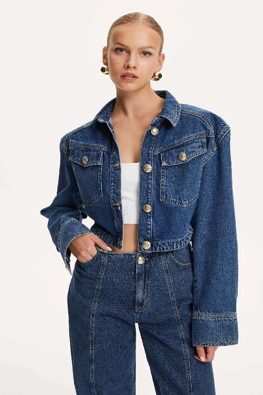 cropped wool blazer for women -Military Buttoned Crop Denim Jacket