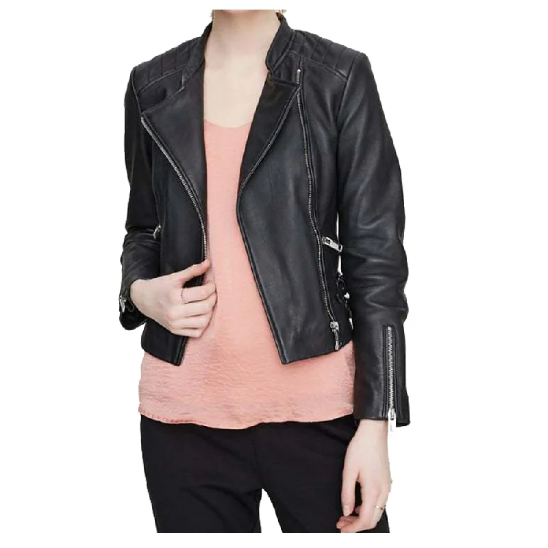 breathable softshell jacket for women -WOMEN CLASSIC MOTO BIKER GENUINE LEATHER JACKET