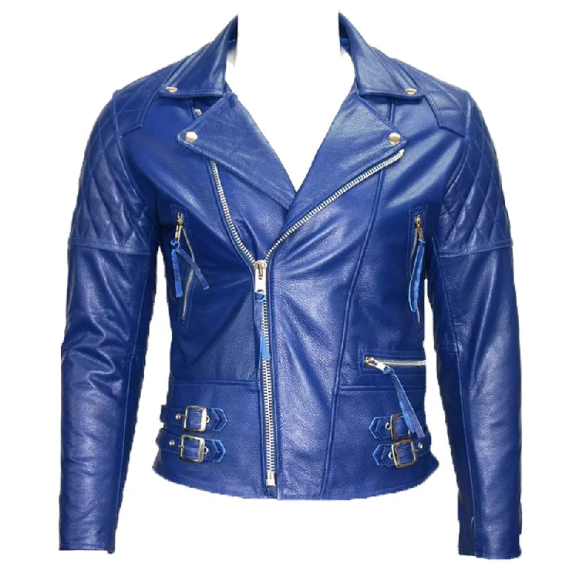 women's reversible coat -Royal Blue Cafe Racer Motorcycle Leather Jacket