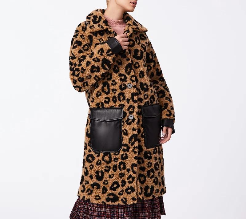 fitted wool blend coat for women -Leopard Sherpa Coat