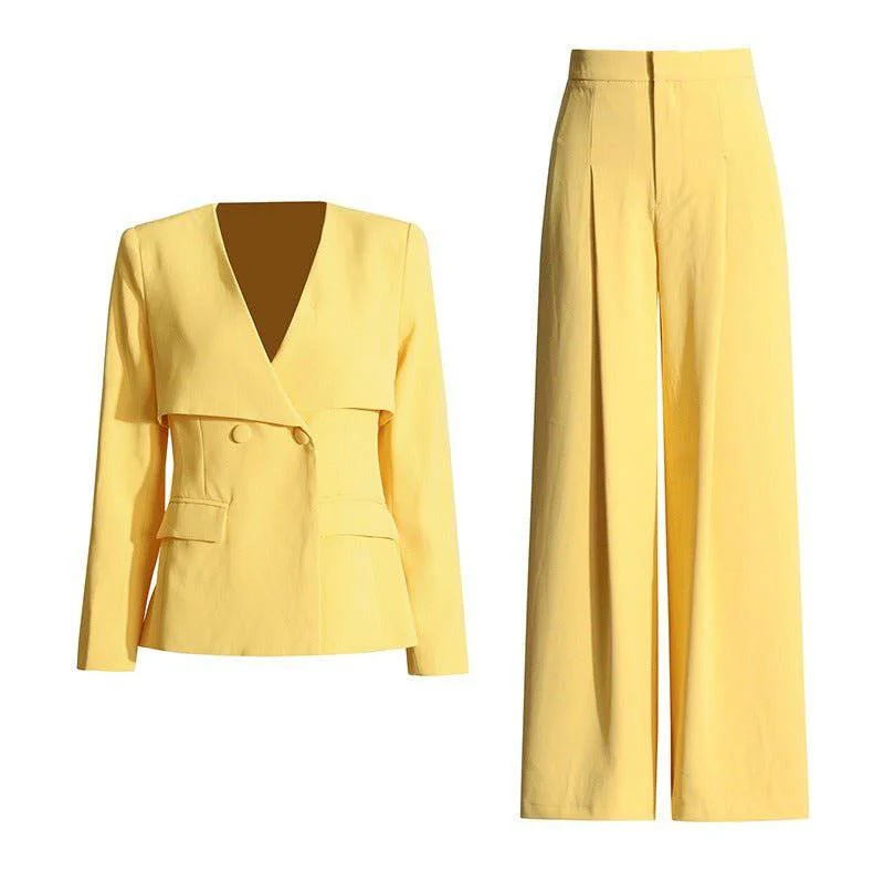 cropped wool blazer for women -Anna V-neck blazer +high waisted pleated wide leg pants set