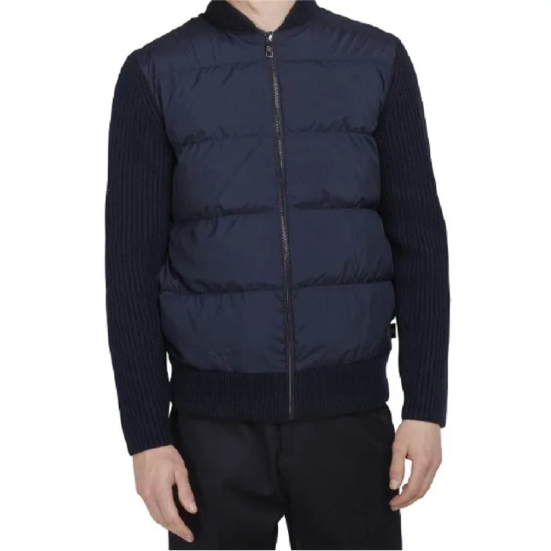 women's waterproof raincoat -Ted Baker Men's Spores Quilted Front Knit Back Navy Blue Jacket Outerwear Coat