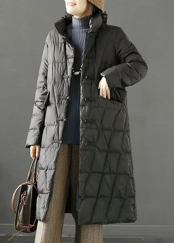 stylish longline coat for women -Black Oriental Fine Cotton Filled Womens Parka Chinese Button Winter