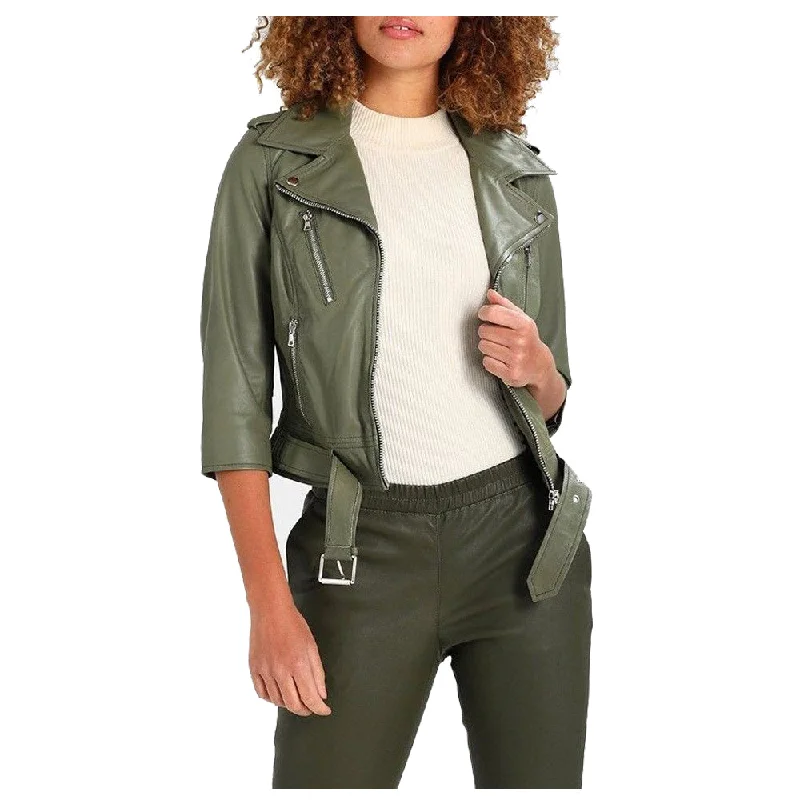 urban style cropped puffer jacket -Women Olive Green Motorcycle Genuine Leather Jacket