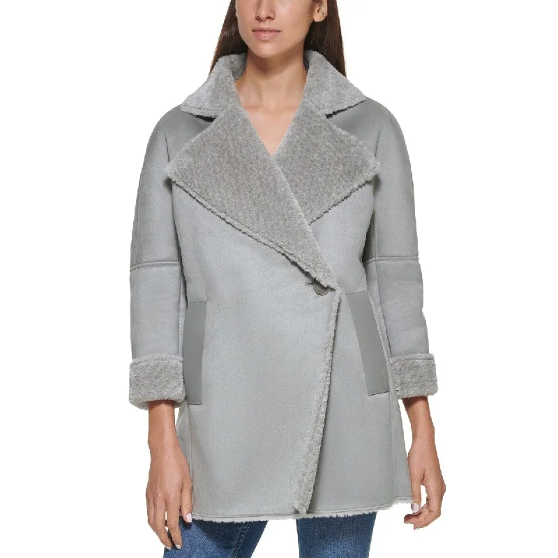 women's classic pea coat -Calvin Klein Women's Pocketed Faux Leather Faux Shearling Collared Button Down Winter Jacket Coat Gray Size X-Small