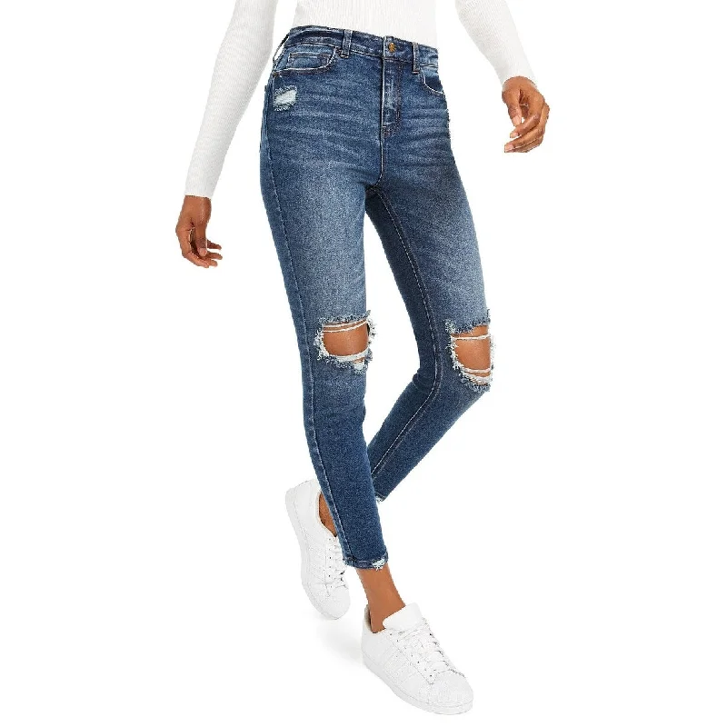 stylish flare-leg denim for ladies -Vanilla Star Juniors' High-Rise Distressed Skinny Jeans Navy Size 9