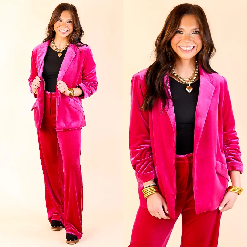 double-layered long coat for women -Chic Arrival 3/4 Sleeve Velvet Blazer in Fuchsia Pink